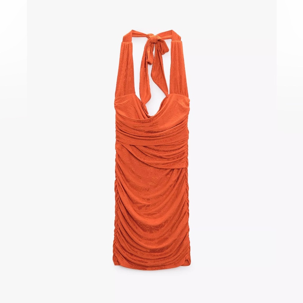 Zara Vibrant Reddish Orange Ruched Halter Dress with floral design Size Small